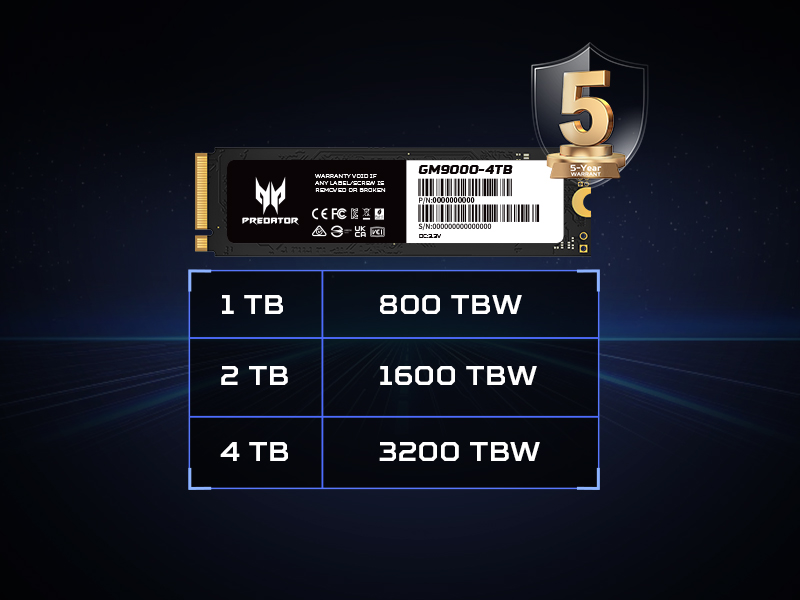 Predator GM9000 M.2 SSD with up to 3200 TBW and a 5-year limited warranty